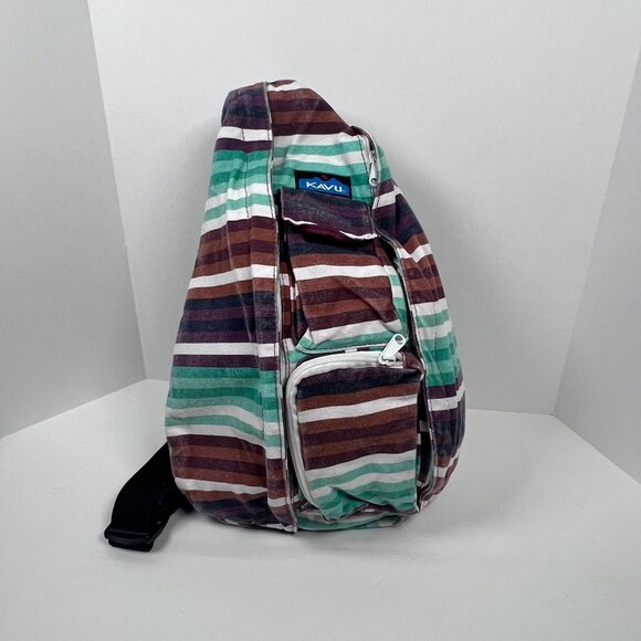 Kavu Brown‎ Green Stripes Canvas Rope Sling Bag Backpack Large Hiking Outdoor - Picture 1 of 15
